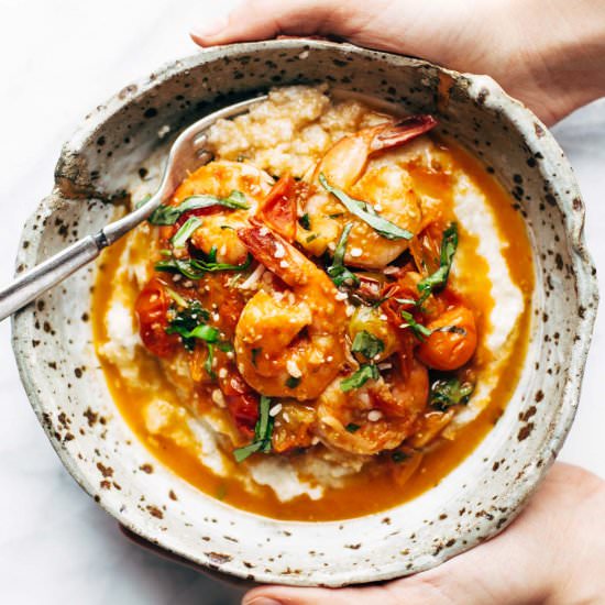 Garlic Basil Shrimp and Grits