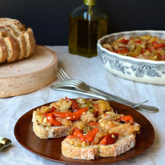 Roasted red pepper, eggplant and cod