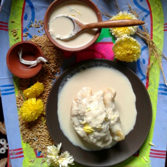 Rice dumplings in thickened milk