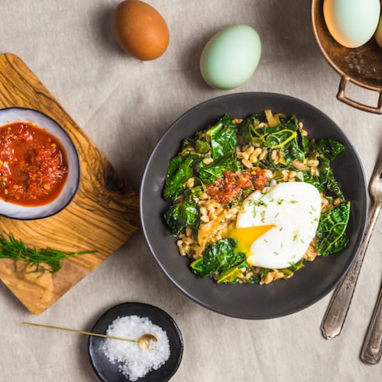 Stir Fried Farro with Kale and Egg