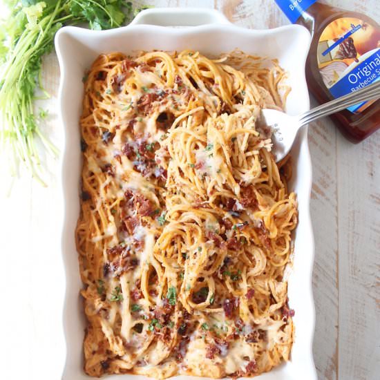 BBQ Chicken Baked Spaghetti