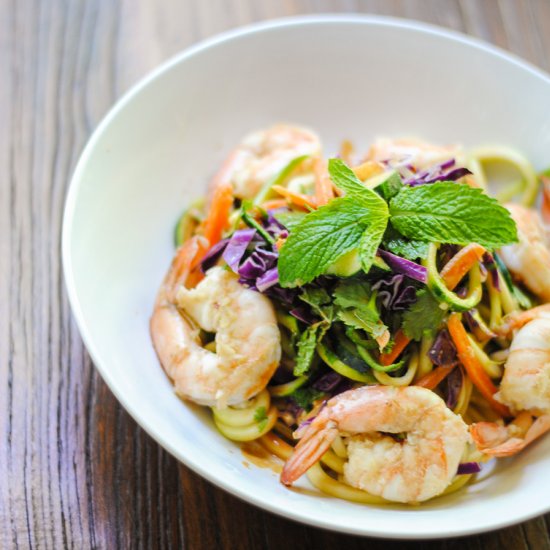 Zoodles & shrimp in peanut dressing