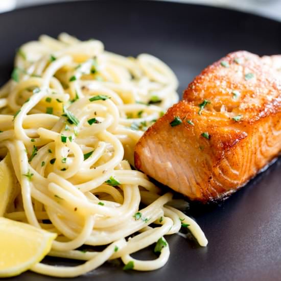 Seared Salmon w/ Creamy Lemon Pasta