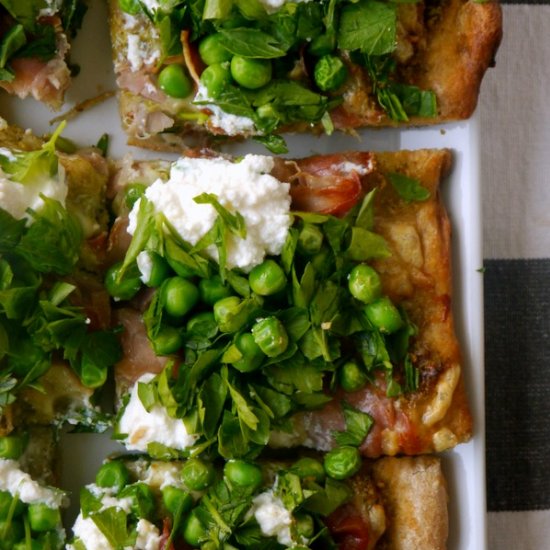 Pea, Prosciutto, and Pesto Pizza