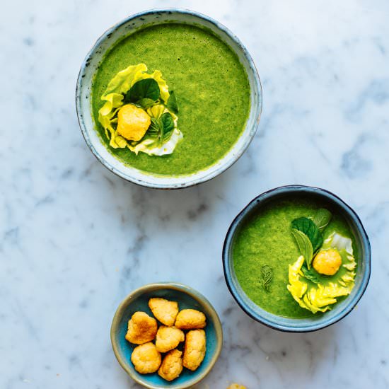 Lettuce soup with pecorino croutons