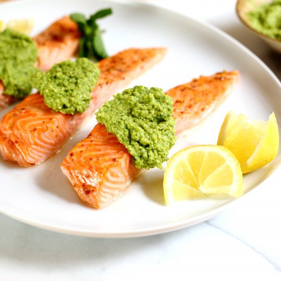 Maple Roasted Salmon with Pea Pesto