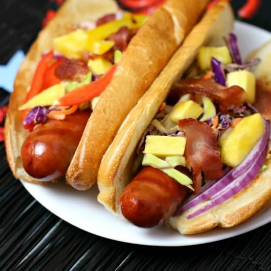 Hot Dogs with Pineapple Bacon Slaw