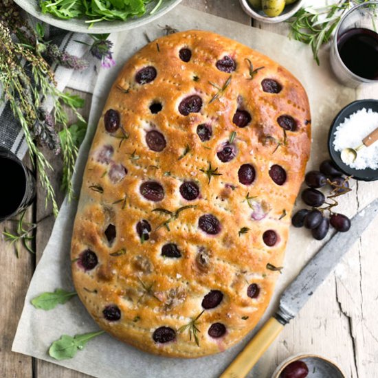 Rosemary Focaccia with red grapes