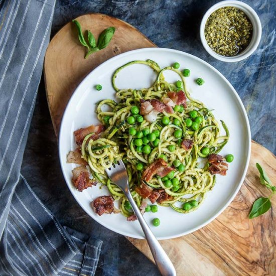 Pesto Zoodles with Bacon and Peas