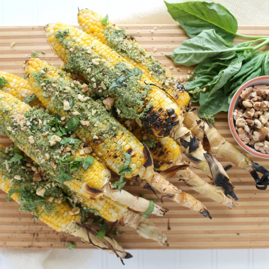 Grilled Corn with Walnut Pesto