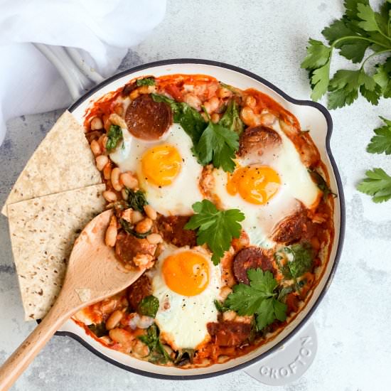 One Skillet Baked Eggs with Chorizo