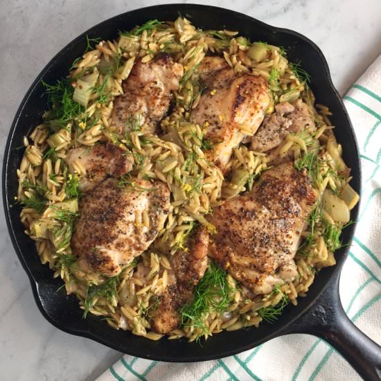 Skillet Chicken Thighs with Orzo