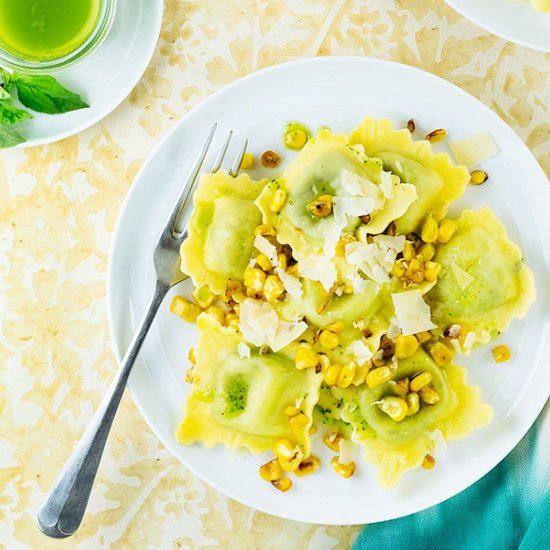 Ravioli with Corn & Basil Oil