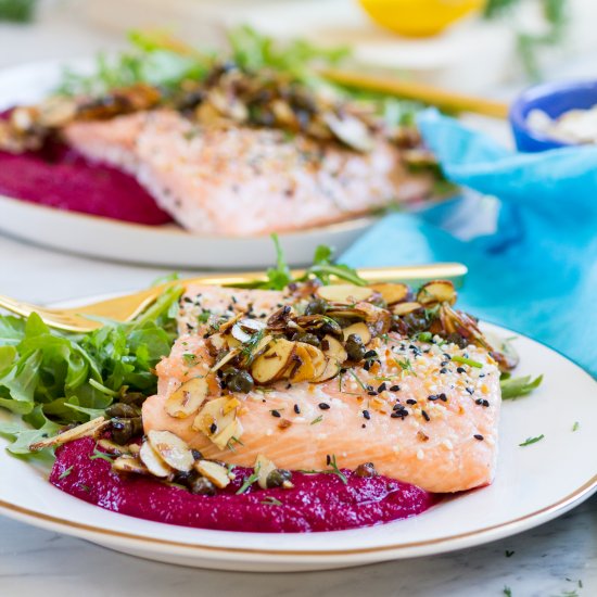 Lemon Caper Almond Salmon Over Beet