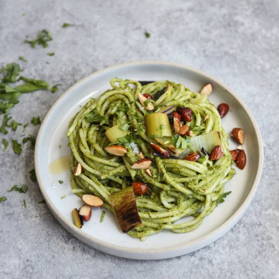 Charred Leek Pesto Pasta Salad