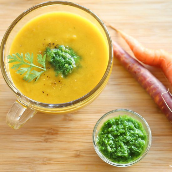 Carrot and Leek soup with pesto