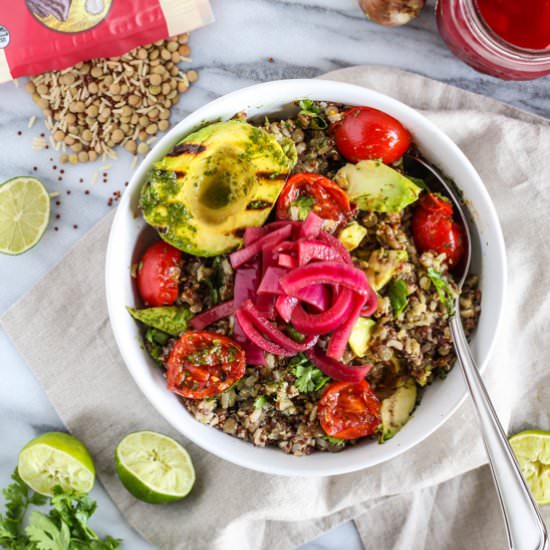 Grilled Avocado Tomato Grain Salad