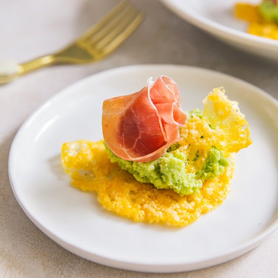 cheese crisps with fava bean hummus