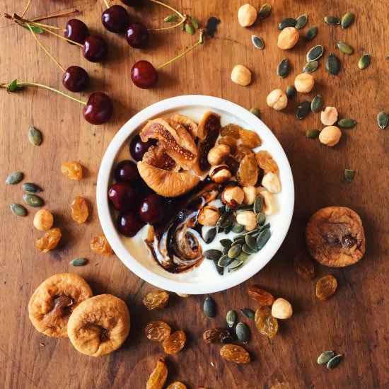 Yogurt, Fruit, Nuts, and Balsamic Cream