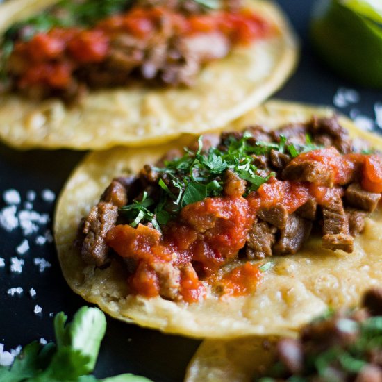 Mexican Steak Tacos with Red Salsa