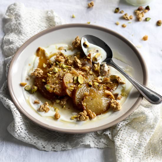 Spiced Pears, Honey, Nuts, and Granola