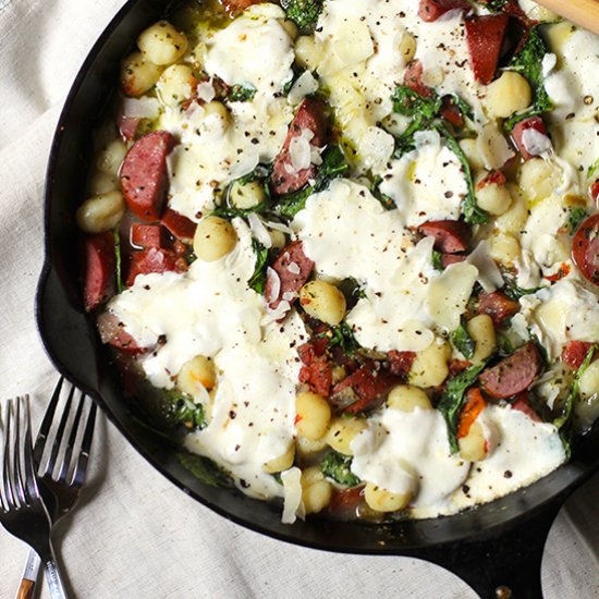 One Skillet Sausage Pesto Gnocchi