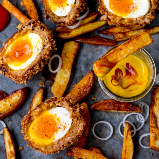 Chorizo Scotch Eggs + Smoky Wedges