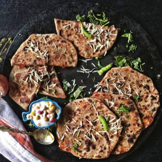 Cheese and Red Bell Pepper Stuffed Parathas