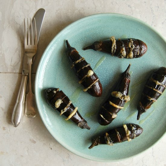 Hasselback baby eggplants