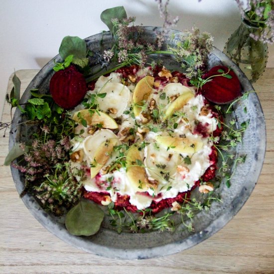 Beet root pizza with goat cheese