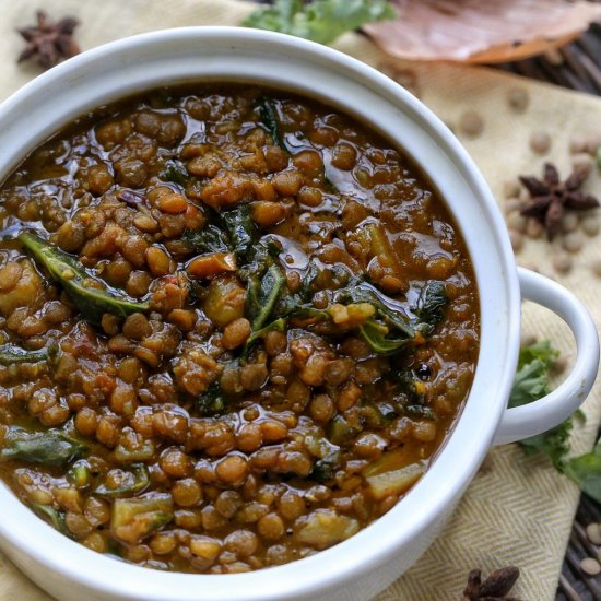 Spicy Potato lentil soup with kale