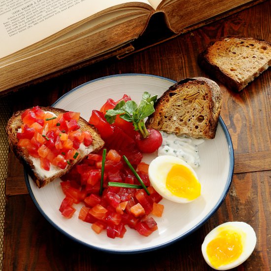 Beet Cured Salmon with Soft Boiled Egg