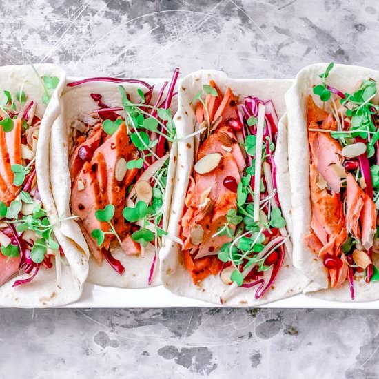 Salmon Tacos + Apple Almond Slaw