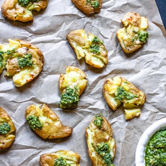 Crispy Smashed Potatoes With Pesto