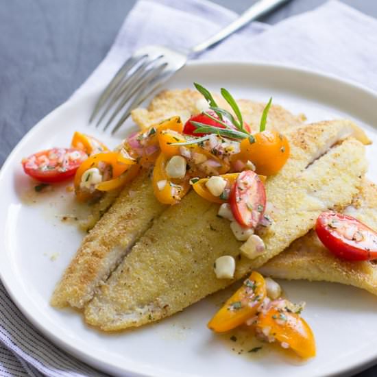 Cornmeal-Crusted Petrale & Tomatoes