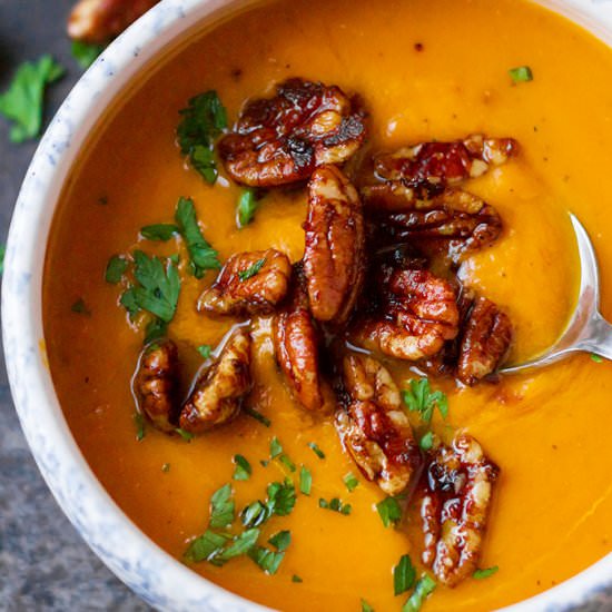 Carrot Soup with Caramelized Pecans