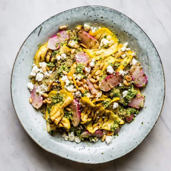 Radish top pesto with quinoa salad