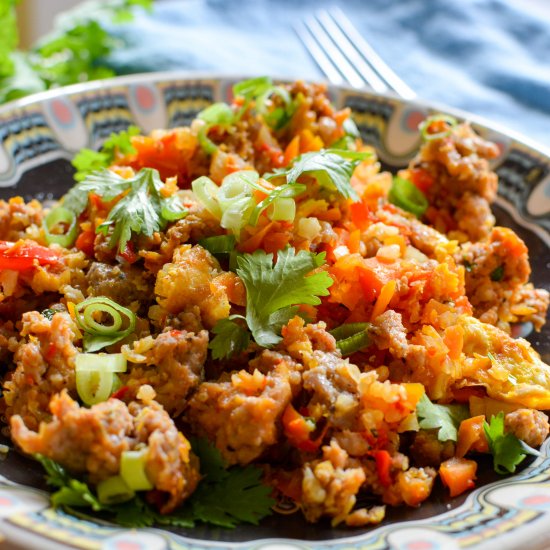 Sausage, Veg and Caulirice Fry-Up