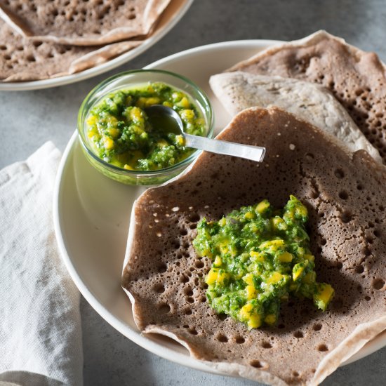 Injera with Cilantro Mango Chutney