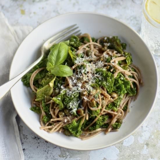 Kale Spaghetti with Crispy Capers