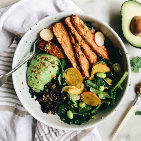 Fried Tempeh and Black Rice Bowl