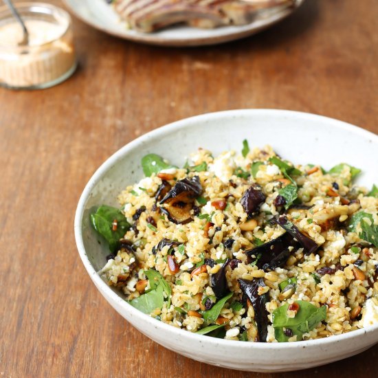 Freekeh salad with charred eggplant