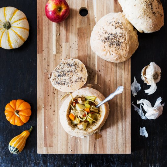 Tofu Noodle Soup in Bread Bowls