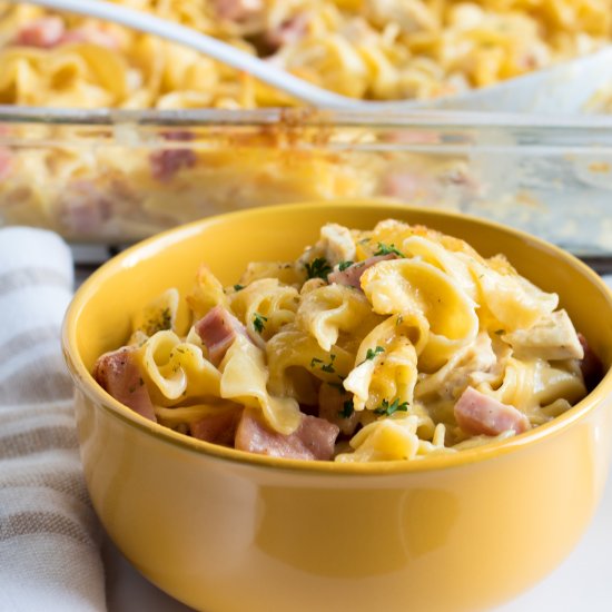 Cheesy Ham Turkey Noodle Casserole