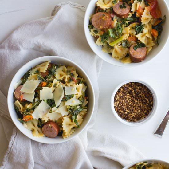 Pasta with Sausage, Tomatoes + Kale