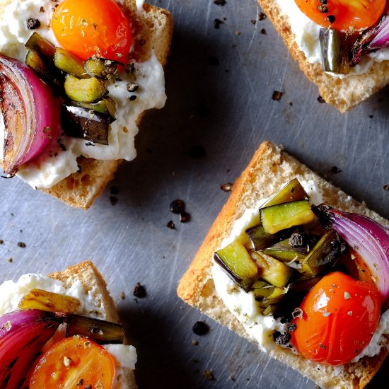 Grilled Veg Almond Ricotta Crostini