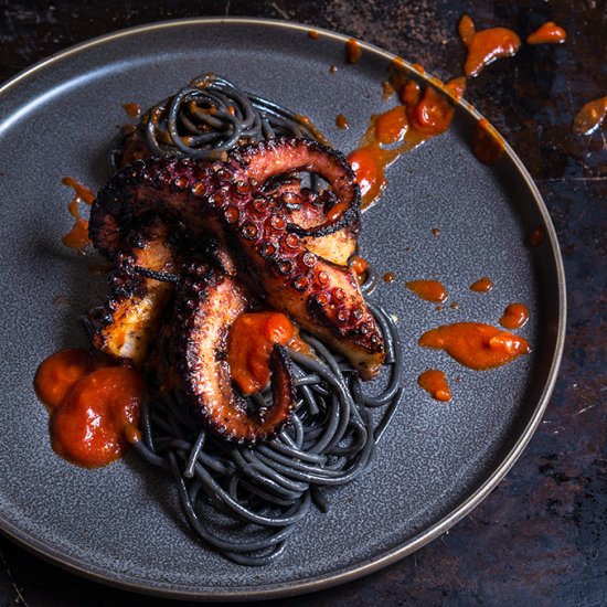 Grilled Octopus + Squid Ink Pasta