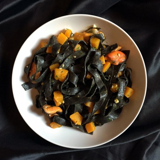 Squid Ink Pasta, Mussels & Pumpkin