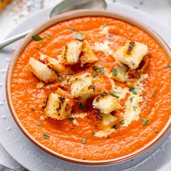 Tomato soup with Gruyere bacon