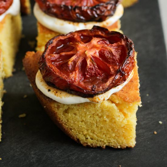 Cornbread with labneh and tomatoes